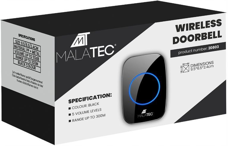 Бездротовий дверний дзвінок Malatec 300 м 110 дБ Чорний (Польща) 1909802746 фото